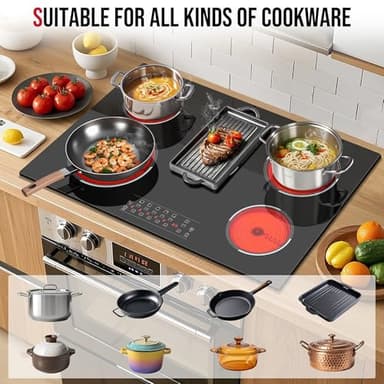 Traenvir 30 Inch Electric Cooktop 5 Burner, 8400W Built-in Electric Stove Top, 30" Ceramic Cooktop with Expanded Zone, Touch Control, Timer, Pause Control, Safety Lock, 220-240V, Hard Wire, No Plug - Image 6