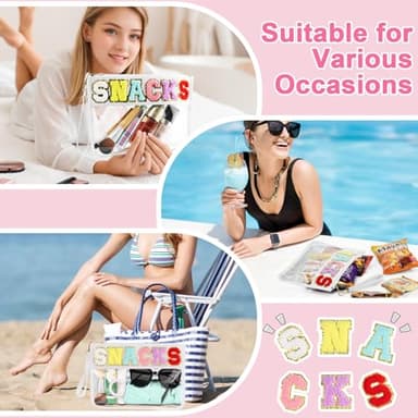 Snack Bag for Travel - Clear Chenille Varsity Letter Flat Pouch with Zipper, Waterproof Clear PVC&PU Preppy Patch Makeup Cosmetic tote Bags for Women Girls (White-Snacks) - Image 6