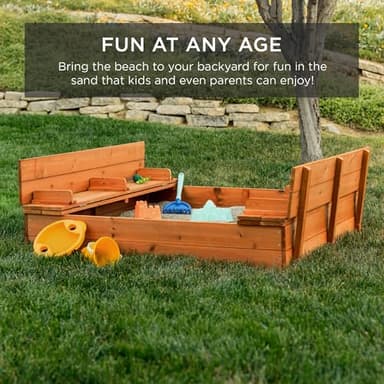 Best Choice Products Kids' Outdoor Wooden Sandbox Large, Cedar Wood with Foldable Bench Seats and Sand Protection, Bottom Liner Included - Walnut - Image 7