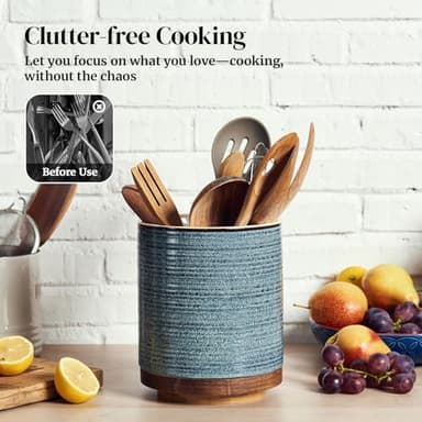 DOWAN 360° Rotating Extra Large Cooking Utensil Holder, 7.6" Kitchen Utensil Holder for Countertop, Utensil Crock for Farmhouse Kitchen Decor, Ceramic Stable Utensil Caddy, Blue - Image 5