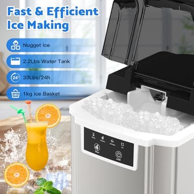Countertop Ice Makers Machine with Basket and Scoop, 38Lbs/24h Soft Chewable Pellet Ice, One-Click Operation, Nugget Ice Maker for Home, Kitchen, Camping, RV, Office and Party,Sliver - Image 7