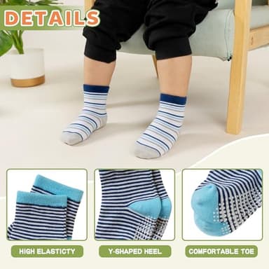 AMENLAN Toddler Non Slip Grips Socks Kids Anti Skid Baby Boys Girls Cotton Crew Socks 12 Pairs (Colored Stripes, 1-3 Years) - Image 4