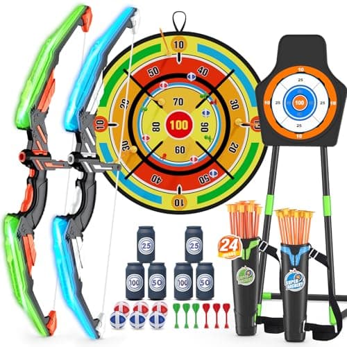 HYES 2 Pack Kids Bow and Arrow with 29" Large Dart Board, LED Light Up Archery Set with 24 Suction Cup Arrows, Indoor Outdoor Sport Toys Gifts for 3 4 5 6 7 8 9 10 11 12 Year Old Boys Girls - Image 1