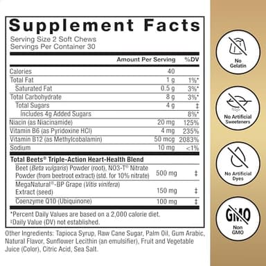 FORCE FACTOR Total Beets Ultimate Heart Health Chews for Blood Pressure Support, with Beetroot Powder, CoQ10, B Vitamins & Grapeseed Extract for Blood Flow & Energy, Pomegranate Berry, 60 Soft Chews - Image 7