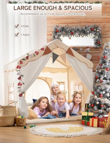 Besrey Kids Play Tent 2 in 1 with Padded Mat and Lights, Large Kids Playhouse with 2 Doors & 4 Windows, Indoor & Outdoor, Christmas Toddler Tent, 51" x35" x 51" - Image 6