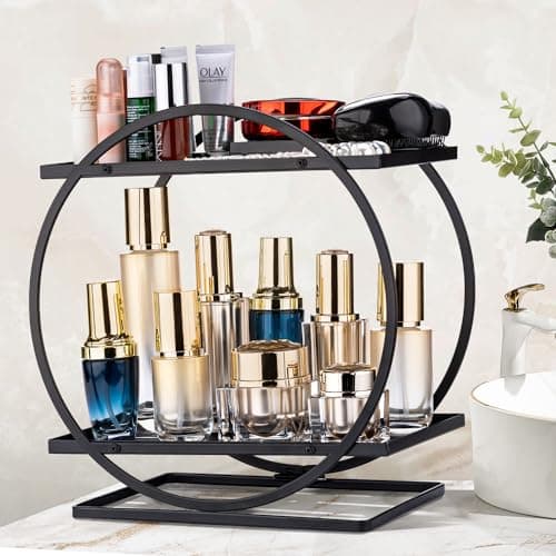 Tonswachic Perfume Organizer for Dresser, 2 Tier Skincare Organizers Makeup Storage, Metal Bathroom Counter Organizer for Make Up Vanity Shelf Perfume Holder Display Tray - Black - Image 1