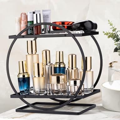 Tonswachic Perfume Organizer for Dresser, 2 Tier Skincare Organizers Makeup Storage, Metal Bathroom Counter Organizer for Make Up Vanity Shelf Perfume Holder Display Tray - Black - Image 1