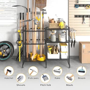 SOYEEZE Garden Tool Organizer, Yard Tool Rack for Garage Organization and Storage, Garden Tool Holder, Up to 35 Tools/Rakes/Brooms/shovel for Shed, Workshop, Outdoor, Black - Image 5