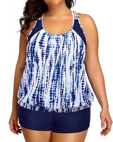 Holipick Blue Tie Dye Plus Size Tankini Swimsuit for Women Two Piece Tummy Control Bathing Suit Blouson Racerback Tankini Top with Shorts 20W - Image 3