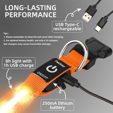 Super Bright LED Dog Collar - Fully Waterproof & Adjustable Glow Collar - USB-C Rechargeable for Night Walking, Safety - Flashing Lighted Collar for Dogs(Orange,L) - Image 5