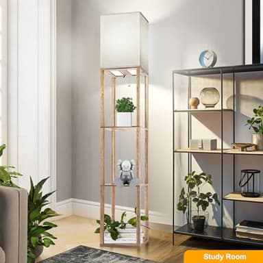 Floor Lamp with Shelves for Living Room Natural Wood, Shelf Floor Lamp with 3 CCT LED Bulb, Corner Display Standing Column Lamp Etagere Organizer Tower Nightstand with White Linen Shade for Bedroom - Image 7