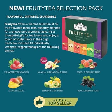 Ahmad Tea Black & Green Tea, Fruitytea Assorted Sampler Variety Gift Box, 60 Foil Teabags - Caffeinated & Sugar-Free - Image 1