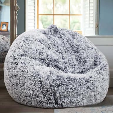 Fluffy Stuffed Animal Storage Bean Bag Chair Cover (No Filler), Faux Fur Comfy Bean Bag Cover for Organizing Plush Toys or Textile, for Adults Teens Kids Girls, Gray - Image 2