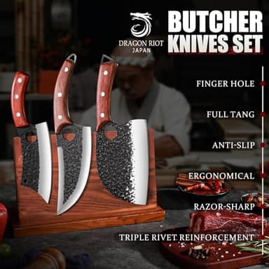 DRAGON RIOT Professional Butcher Knife Set for Meat Processing, 3Pcs High Carbon Steel Hand Forged Serbian Cleaver Chef Knife Set with Ergonomic Handles for Kitchen Outdoor Cooking - Image 5