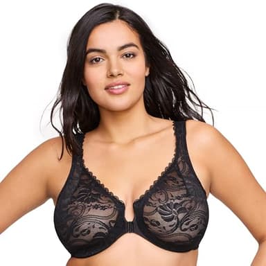 Full Figure Plus Size Wonderwire Front-Closure Stretch Lace Bra Underwire #9245 Black - Image 9