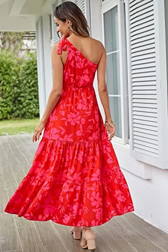 PRETTYGARDEN Women's Summer Floral Maxi Dress Knot One Shoulder Sleeveless Ruffle Flowy Boho Beach Wedding Guest Dresses (Red Floral,Small) - Image 3