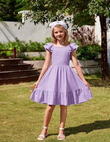 Arshiner Lilac Dress for Girls Off Shoulder Double Pleated Sleeve Smocked Easter Holiday Tween Dresses Size 10-12 - Image 5