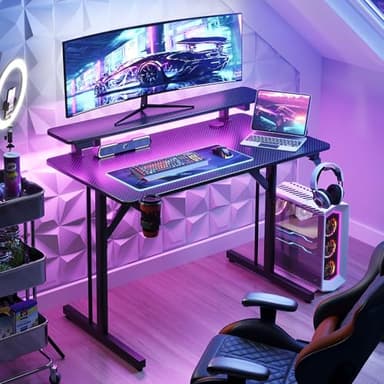 MOTPK 32 Inch Small Gaming Desk with LED Lights, Computer Desk Gaming Table with Monitor Shelf, Gamer Desk with Carbon Fiber Texture, Kids Boys Desk Gift for Men - Image 2