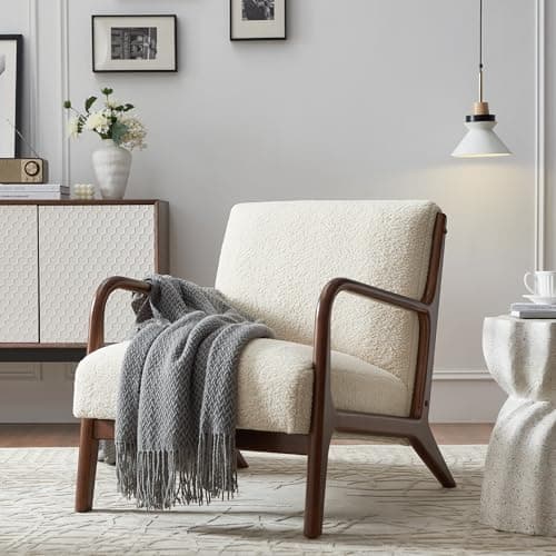 Mid-Century Modern Accent Chair with Cushions, Living Room Chair with Solid Wood Frame, Lounge Chair Chair for Living Room, Office, Bedroom, Lambswool White - Image 1