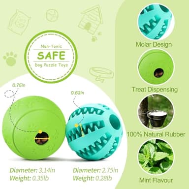 HIPPIH Dog Puzzle Toy 2 Pack, Interactive Dog Toys for Treat Dispensing, Durable Puppy Toys for Teething, Dog Treat Ball for Teeth/Slow Feeder/IQ Training/Playing, Blue-2.75‘’, Green-3.14‘’ - Image 2