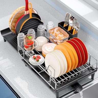 TOOLF Expandable Dish Rack, Dish Drying Rack for Kitchen Counter, Foldable Dish Dryer Rack, Stainless Steel Dish Drainer Racks with Cutlery Holder, Collapsible Dish Drying Racks Large Size,Black - Image 9