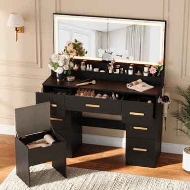 Garvee Vanity Desk with Large Mirror and Lights, 45.9In Makeup Vanity Desk, 3 Lighting Modes Adjustable Brightness, Vanity Table with Power Outlet &8 Drawers, for Powder Room and Bedroom - Image 2