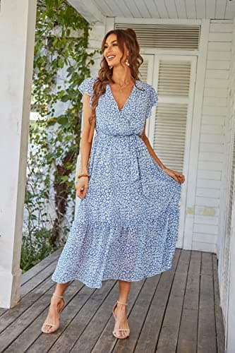 PRETTYGARDEN Women's Summer Floral Boho Dress Wrap V Neck Short Sleeve Ruffle A-Line Flowy Maxi Wedding Guest Dresses (Light Blue,X-Large) - Image 6