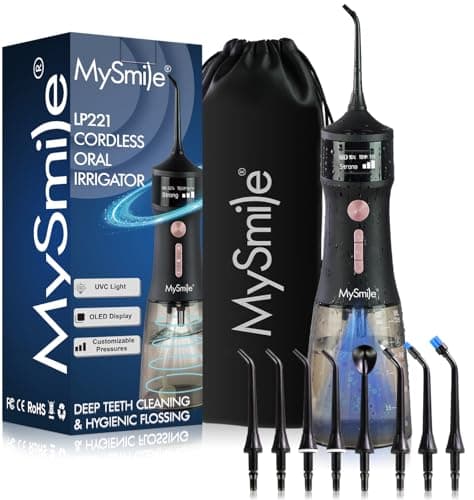 MySmile LP221 UVC Sterilizable Cordless Water Flossers for Teeth 335ML Portable OLED Display Dental Flosser with 4 Modes 8 Jet Tips and a Storage Pouch for Home and Travel (Midnight Black) - Image 1