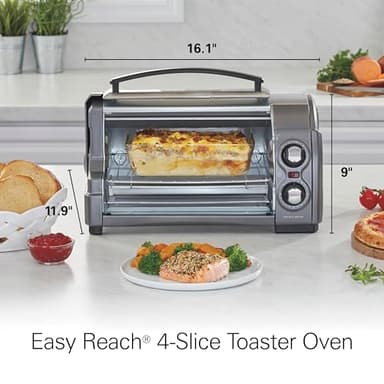 Hamilton Beach Easy Reach 4-Slice Countertop Toaster Oven With Roll-Top Door, 1200 Watts, Fits 9” Pizza, 3 Cooking Functions for Bake, Broil and Toast, Silver (31344DA) - Image 8
