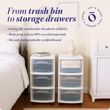 HOMZ Drawer Tower, 3-Tier Clear Plastic Storage Organizer Cart, White Frame - Heavy-Duty Organizing Drawers for Home, Bedroom, and Closet Organization - Image 6