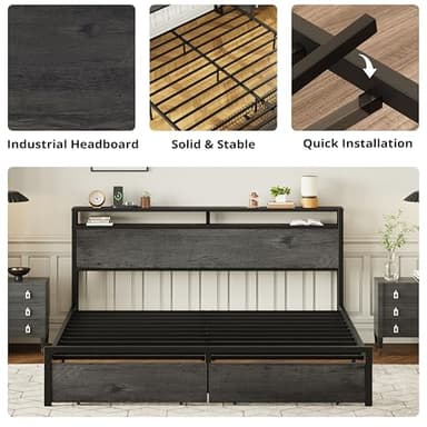 LIKIMIO California King Bed Frame with Storage Headboard, Platform Bed with Drawers and Charging Station, No Box Spring Needed, Easy Assembly, Charcoal Grey - Image 5
