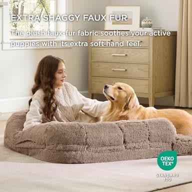 Bedsure Foldable Human Size Giant Dog Bed for Adults, 2 in 1 Calming Pet Bed with Egg Foam Supportive Mat and Waterproof Liner, Faux Fur Orthopedic Sofa, Camel - Image 4