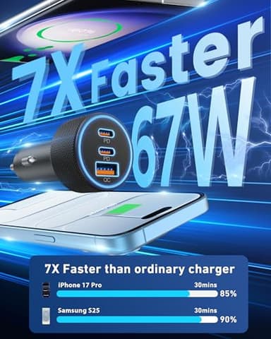 67W 3-Port Super Fast Type C Car Charger USB C for Samsung Galaxy S25 S24 S23 S22 S21 Ultra, iPhone 17/Air/16/15 Pro Max, Android, PD/QC Car Phone Adapter Accessories for Men Women + 3FT USB-C Cable - Image 3