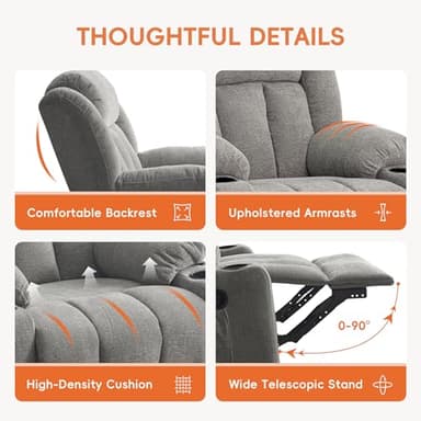 Ketaiyou Rocker Swivel Recliner Chair for Adults, Overstuffed Large Manual Recliner Glider with Massage and Heat, Comfy Soft Fabric Living Room Reclining Sofa Chair(Lime Gray) - Image 6