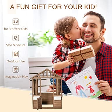 Outsunny Kids Wooden Playhouse, Outdoor Garden Games Cottage, with Working Door, Windows, Flowers Pot Holder, 47" x 38" x 54" - Image 4