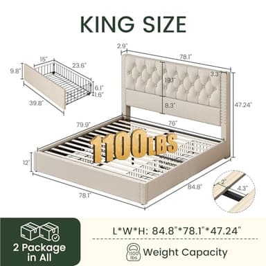 LARMACE King Size Bed Frame with 4 Storage Drawers and Tufted Headboard Linen Upholstered Platform Bed Frame with Heavy Duty Wood Slats, No Box Spring Needed, Easy Assembly, Beige - Image 2