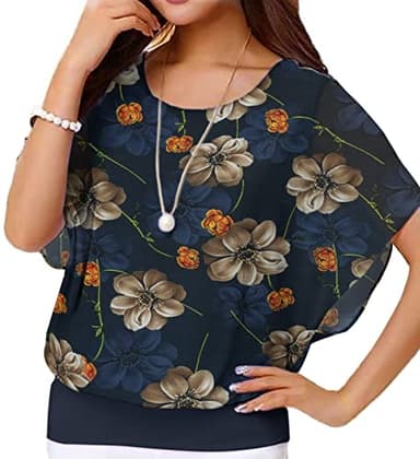 VIISHOW Women Floral Printed Chiffon Blouse Round Neck Short Sleeve Top Shirts, Navy Blue Peony, 3X-Large - Image 3