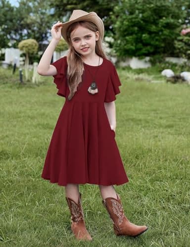 Arshiner Girl's Summer Dresses Ruffle Short Sleeve Swing Flowy Midi Casual Sundress with Pockets A Wine Red Toddler 4-5 Y - Image 2