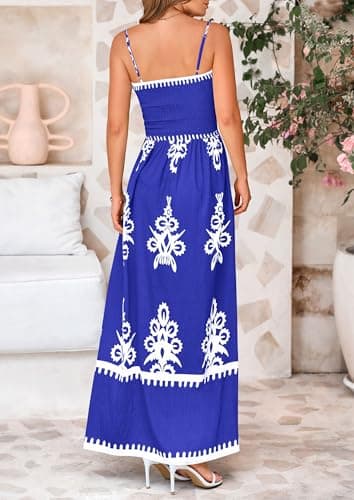 PRETTYGARDEN Summer Dress for Women 2025 Floral Sundress Spaghetti Strap Flowy Beach Vacation Boho Maxi Dresses (Royal Blue White Floral,Small) - Image 2