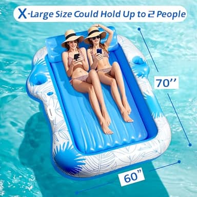 Inflatable Pool Lounger Float for Adults - 70" x 60" JIANYHW X-Large Beach Sun Tan Tub Pool Lounge Raft Sunbathing Pool Floaties with 2 Food/Drink Holder, Blow Up Tanning Pool Bed Floating Mat - Image 3