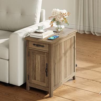 LINSY HOME Farmhouse End Table with Charging Station, Narrow Side Table for Living Room, Sofa Side Table with Drawer and Storage Cabinet, Small Nightstand for Home Office - Image 2