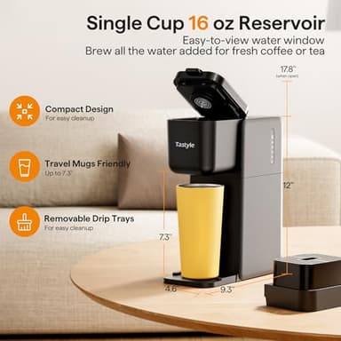 Tastyle Single Serve Coffee Maker for K Cup, Ground and Tea Leaves, Hot and Iced Coffee Machines with Bold Setting, 6 to 16 Oz Brew Sizes, Compact for Small Spaces, Black (2.0 Version) - Image 4