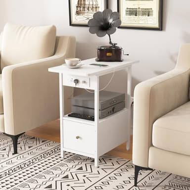 LIDYUK End Table with Charging Station, Narrow Side Table with Drawer and USB Ports & Power Outlets, Nightstand Bedside Tables for Small Spaces, Bedroom, Living Room, White - Image 7