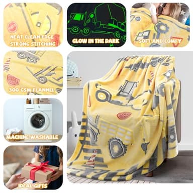 REXEO Glow in The Dark Truck Blanket for Kids - Cute Soft Excavators Fleece Construction Toddler Boy Blanket - Birthday Gifts - Image 3