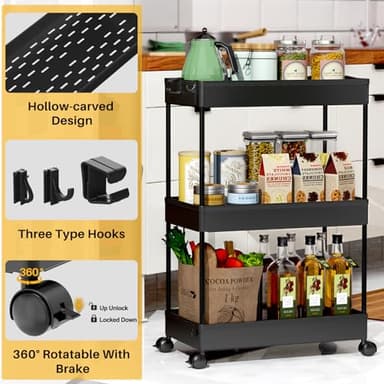 SPACEKEEPER Rolling Storage Cart 3 Tier Bathroom Cart Organizers with Wheels Laundry Room Organization Mobile Shelving Unit Utility Cart Storage Shelves Multi-Functional for Office, Home, Black - Image 2