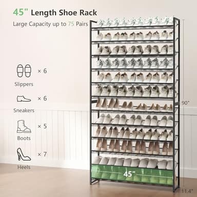 Nunsino Shoe Rack, Long Shoe Organizer,Max Holds 75 Pairs,12 Tier Metal Shoe Storage Shelf,6-Tier Stackable Shoes Organizer for Garage, Entryway,Black - Image 4