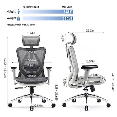 SIHOO M57 Ergonomic Office Chair with 3 Way Armrests Lumbar Support and Adjustable Headrest High Back Tilt Function Light Grey, M57-M114 - Image 3