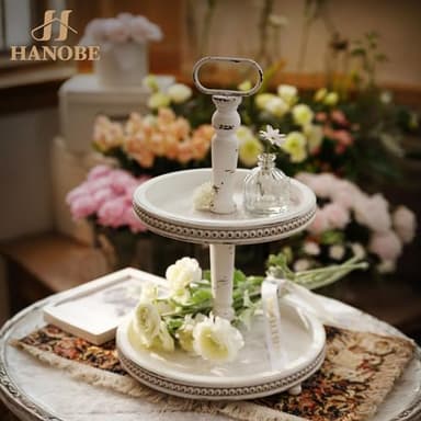 Hanobe Two Tiered Tray Stand: Farmhouse 2 Tier Easter Decorative Trays White Round Serving Wood for Home Decor Living Room Coffee Table Centerpieces Kitchen Gift - Image 2