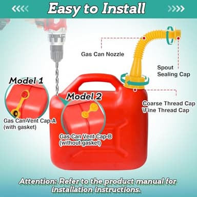 Gas Can Spout Replacement - 6 Kit Fuel Can Tank Nozzle with Gasket for 1/2/5/10 Gal Oil Cans, Easy to install, Durable Anti-Spill with Screw Collar Caps, Spout Cover, Base Cap, Drill Bit - Image 4