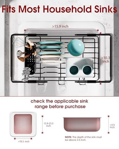 Sakugi Dish Drying Rack in Sink - Expandable Stainless Steel Dish Rack Over The Sink, Kitchen Sink Drain Strainer with Cutlery Holder & Cup Holders, 15.4 x 9.8 x 3.0 Inch, Black - Image 3